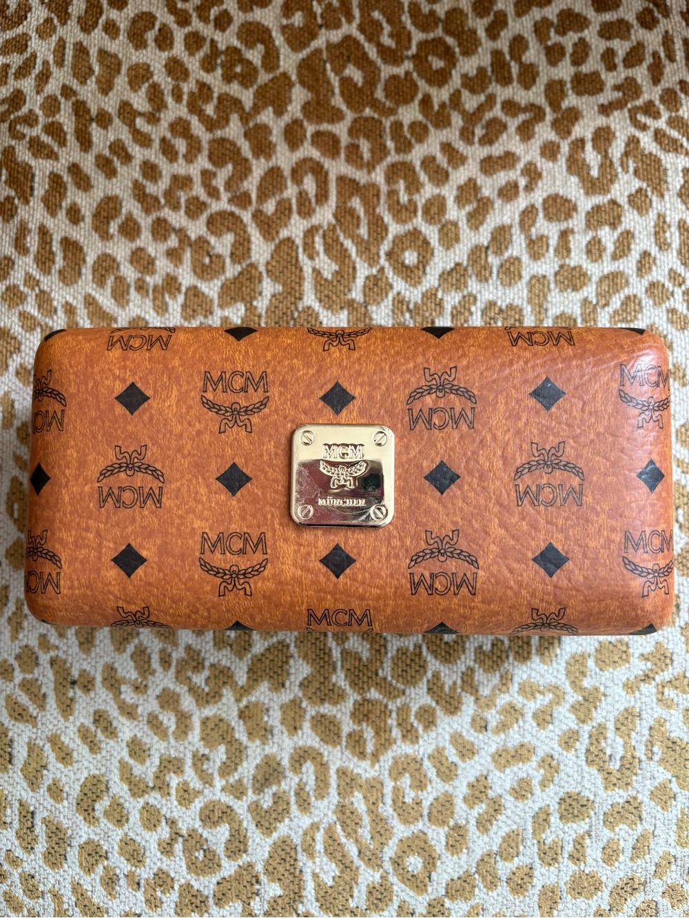 MCM Cognac Logo Hardshell Sunglass Case with Gold Plate and cleaning cloth